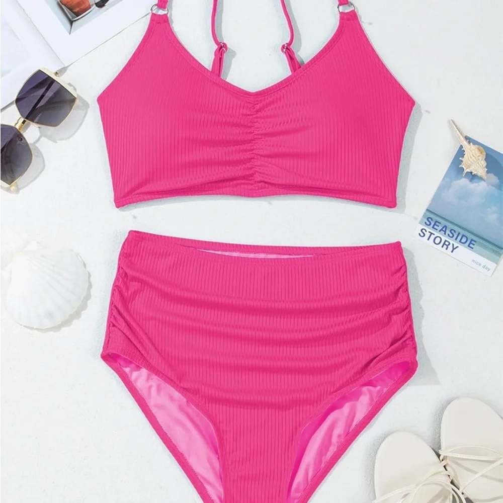 Herseas Pink Ribbed Women's Swimwear Set Sz S. New in open bag